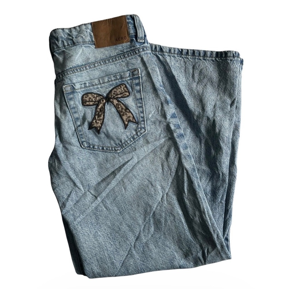 Aeropostale Aero Baggy Wide Leg Jeans Light Wash Denim Cheetah Bow Womens 00